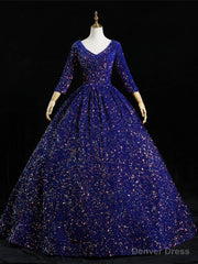 Royal Blue Sequins Long Sleeve V-neck Quinceanera Dress