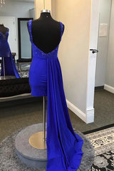 Royal Blue Spaghetti Straps Beaded Bodycon Homecoming Dresses with Open Back