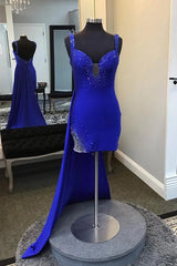 Royal Blue Spaghetti Straps Beaded Bodycon Homecoming Dresses with Open Back