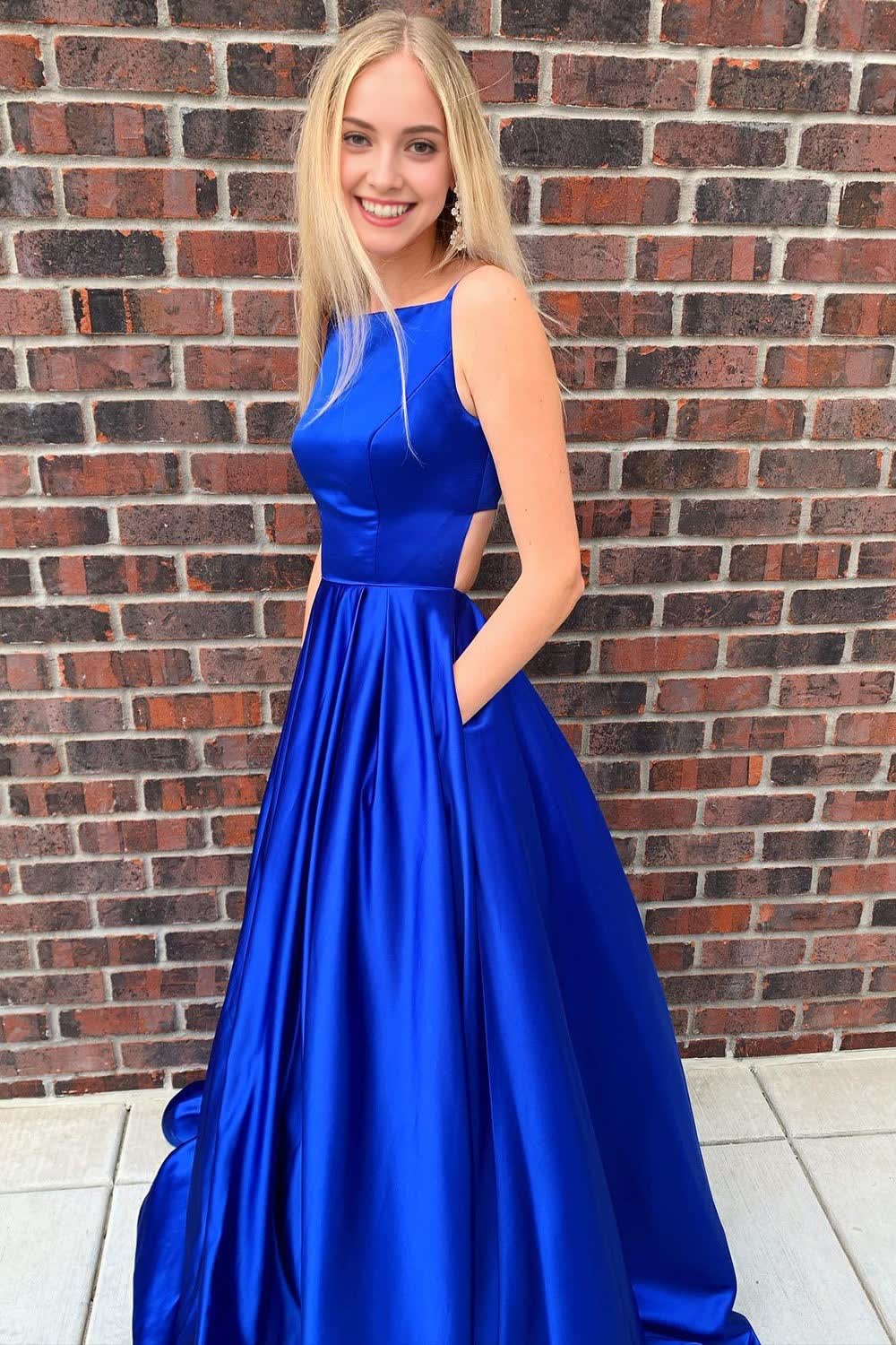 Royal Blue Spaghetti Straps Long Prom Dress with Pockets