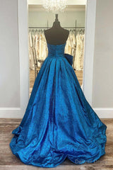 Royal Blue Strapless A-Line Long Prom Dress With Bow