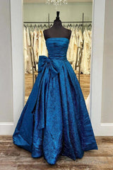 Royal Blue Strapless A-Line Long Prom Dress With Bow