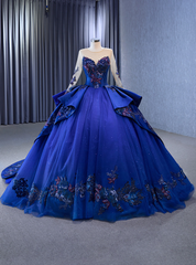 Royal Blue Tulle Long Sleeve Embroidery Prom Dresses