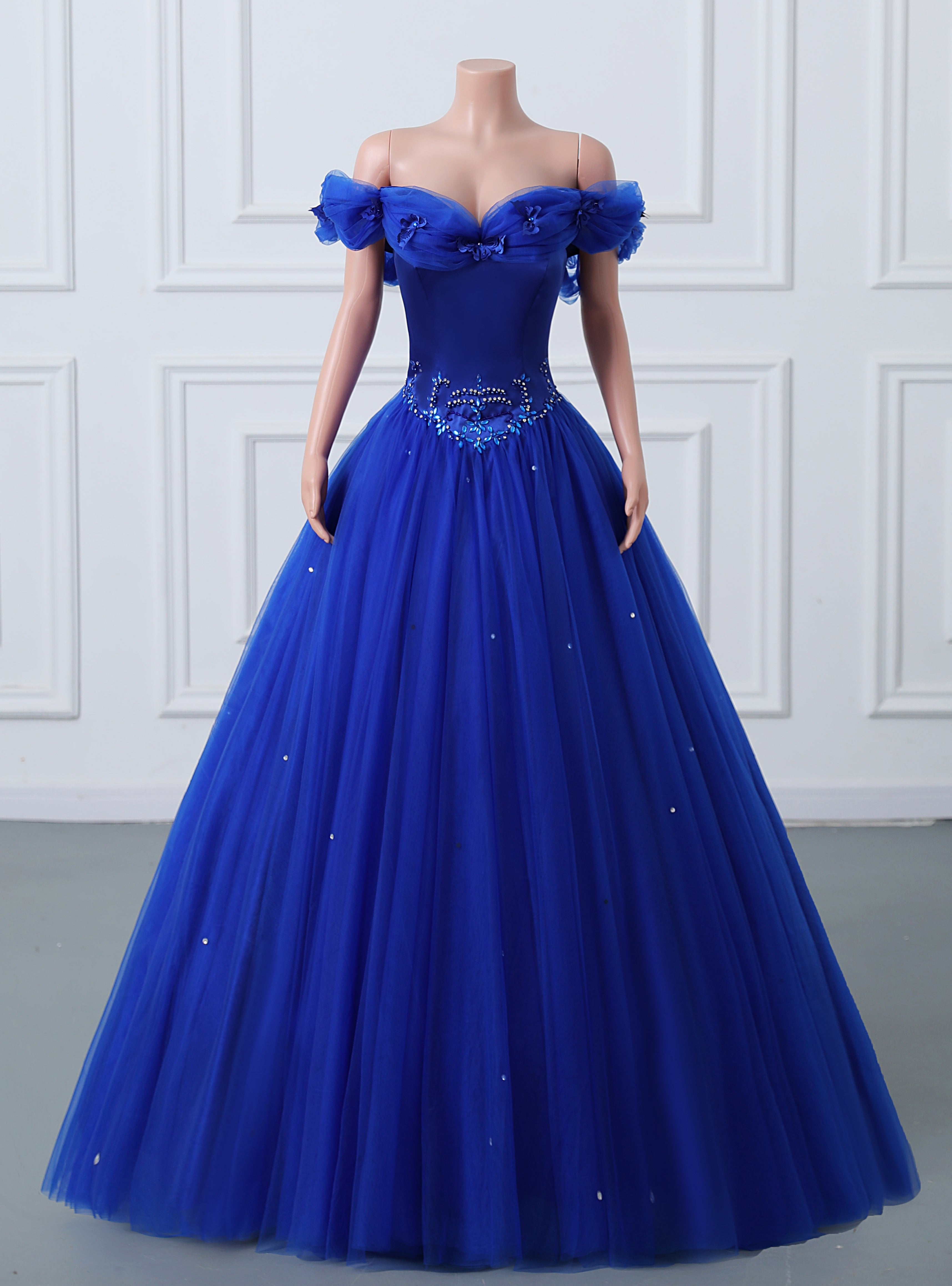 Royal Blue Tulle Off the Shoulder Beading Quinceanera Dress