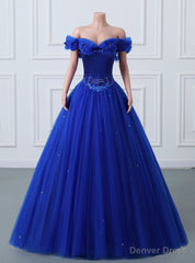 Royal Blue Tulle Off the Shoulder Beading Quinceanera Dress