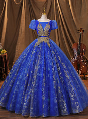 Royal Blue Tulle Pleats Sequins Appliques Quinceanera Dress