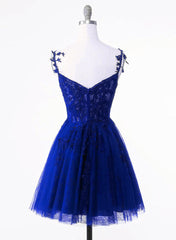 Royal Blue Tulle with Lace Applique Short Formal Dresses, Royal Blue Homecoming Dresses