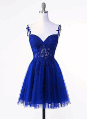 Royal Blue Tulle with Lace Applique Short Formal Dresses, Royal Blue Homecoming Dresses