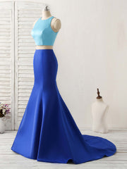 Royal Blue Two Pieces Satin Long Prom Dresses, Blue Evening Dresses