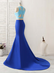 Royal Blue Two Pieces Satin Long Prom Dresses, Blue Evening Dresses