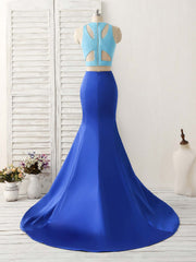 Royal Blue Two Pieces Satin Long Prom Dresses, Blue Evening Dresses