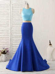 Royal Blue Two Pieces Satin Long Prom Dresses, Blue Evening Dresses