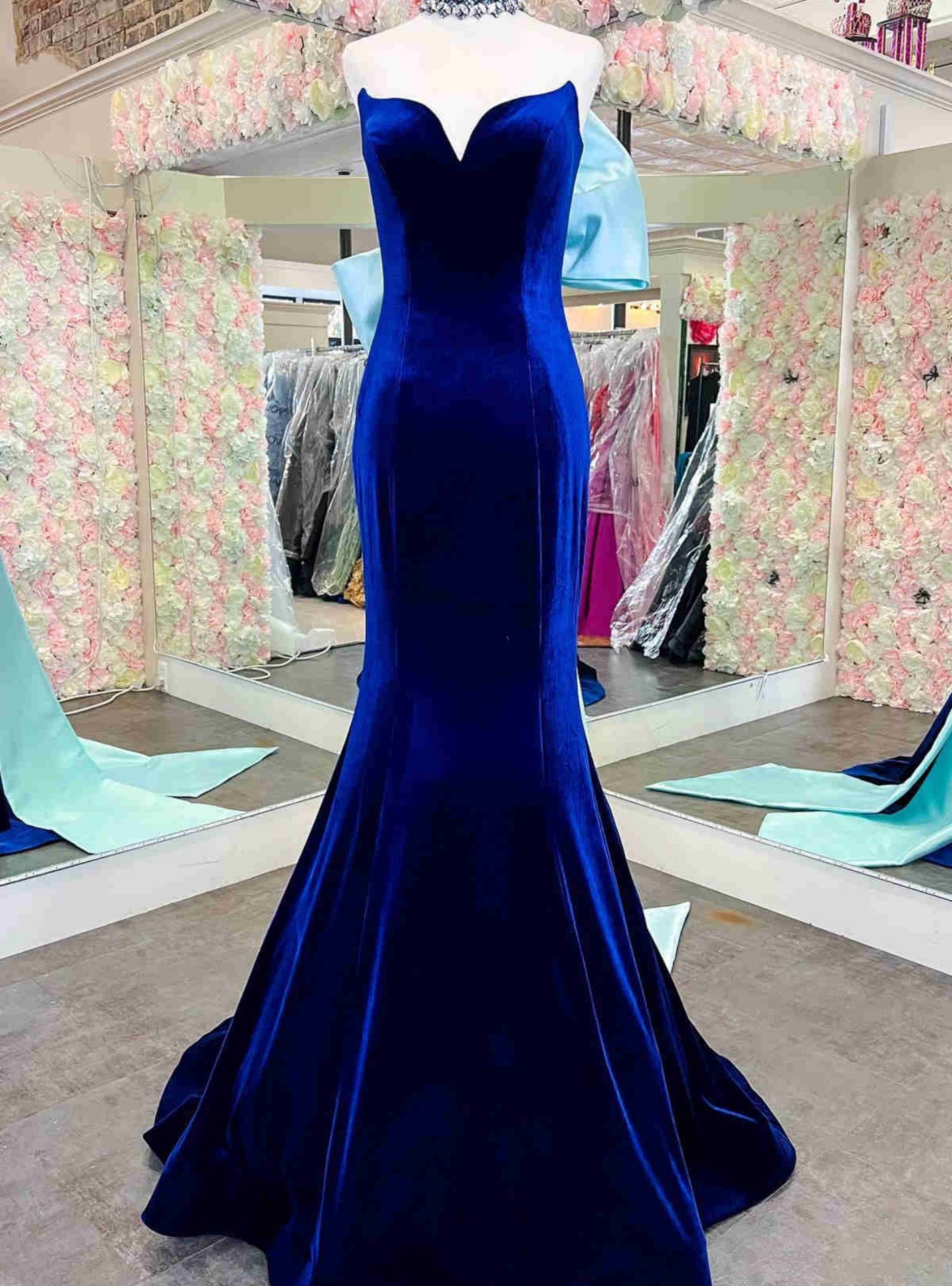 Royal Blue Velvet Strapless Prom Dress With Bow