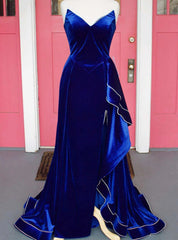 Royal Blue Velvet Strapless Split Prom Dresses