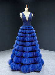 Royal Tulle Tiers V-neck Backless Beading Prom Dresses