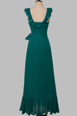 Ruffled Crew Neck Emerald Chiffon Midi Bridesmaid Dresses