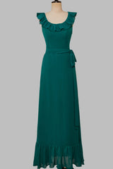 Ruffled Crew Neck Emerald Chiffon Midi Bridesmaid Dresses