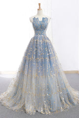 Elegant A Line Blue Tulle Long Strapless Lace Up Gold Evening Dresses, Prom Dresses, Js223