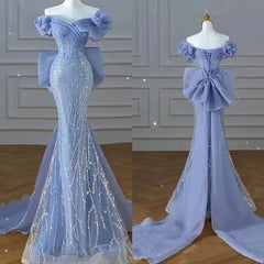 Sparkly Blue Prom -jurken met boog pailletten van de schouder Formele Party Prom