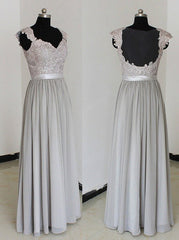 Elegant A-Line Chiffon Silver Long Bridesmaid Dresses with Lace Appliques