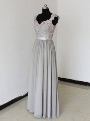 Elegant A-Line Chiffon Silver Long Bridesmaid Dresses with Lace Appliques