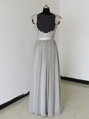 Elegant A-Line Chiffon Silver Long Bridesmaid Dresses with Lace Appliques