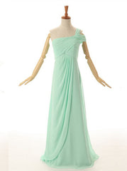 A-Line One Shoulder Floor Length Mint Green Bridesmaid Dresses