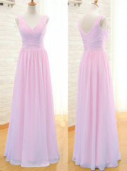 Simple A-Line V Neck Floor Length Pink Chiffon Bridesmaid Dresses