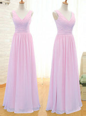 Simple A-Line V Neck Floor Length Pink Chiffon Bridesmaid Dresses