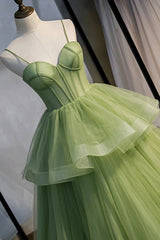 Sage Green Corset Long Prom Dresses, Long Green Tulle Party Dresses Evening Dresses