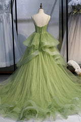 Sage Green Corset Long Prom Dresses, Long Green Tulle Party Dresses Evening Dresses