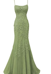 Sage Green Lace Appliques Dresses Long Prom Dresses Mermaid Spaghetti Straps Evening Dresses