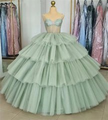 Sage Green  Luxury Tiered Tulle Ruffles Beaded Ball Gown Quinceanera Dresses