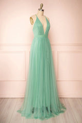 Sage Green V-Neck Tulle Long Prom Dresses, Simple Backless Evening Dresses