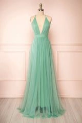 Sage Green V-Neck Tulle Long Prom Dresses, Simple Backless Evening Dresses