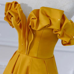 Satin Dark Yellow Off Shoulder Party Dresses, A-line Satin Prom Dresses