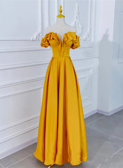 Satin Dark Yellow Off Shoulder Party Dresses, A-line Satin Prom Dresses