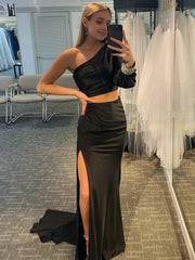 Satin Mermaid One Shoulder Two Pieces Set Black Long Prom Dresses