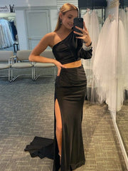 Satin Mermaid One Shoulder Two Pieces Set Black Long Prom Dresses