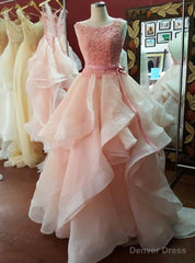 Scoop Neckline Pink Organza Prom Dresses Long with Bow Belt Party Dresses