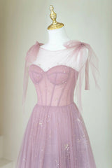 Scoop Neckline Tulle Pink Long Prom Dresses, Cute A-Line Evening Party Dresses