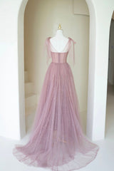 Scoop Neckline Tulle Pink Long Prom Dresses, Cute A-Line Evening Party Dresses