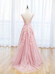 Scoop Neckline Tulle Pink Long Prom Dresses, Pink Backless Evening Dresses