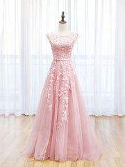 Scoop Neckline Tulle Pink Long Prom Dresses, Pink Backless Evening Dresses