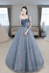 Blue Sparkly Tulle Prom Dress with Long Sleeves, New Style Long Dress with Beading