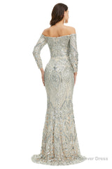 Sequins Mermaid Long Sleeves Off the Shoulder Evening Dresses