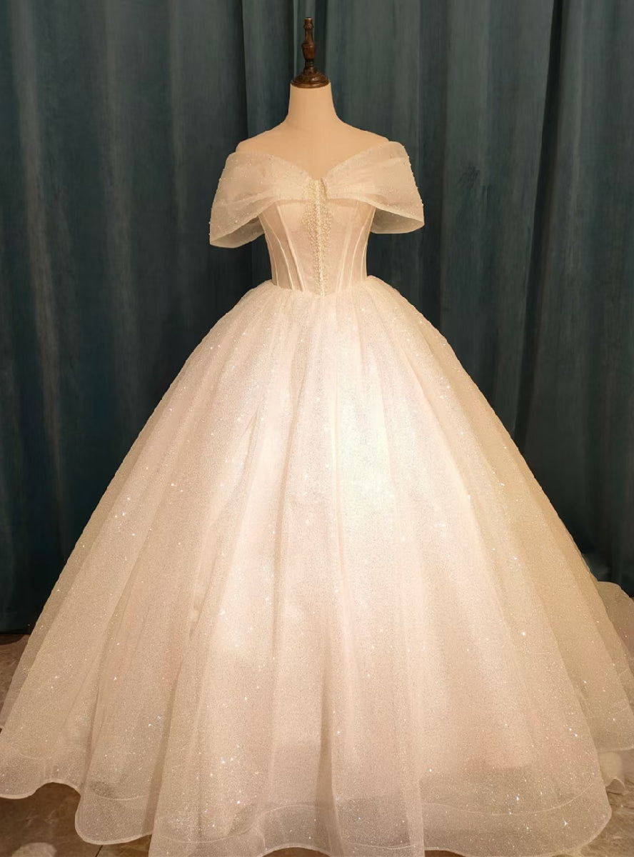 Sequins Tulle Off the Shoulder Pearls Wedding Dress