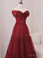 Sexy A Line Off The Shoulder Burgundy Tulle Floor Length Evening Dress Prom Dresses