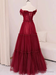 Sexy A Line Off The Shoulder Burgundy Tulle Floor Length Evening Dress Prom Dresses