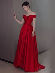 Sexy A Line Off The Shoulder Satin Red Floor Length Evening Dress Prom Dresses